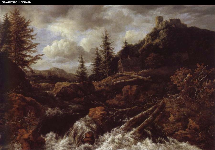 Jacob van Ruisdael Waterfall in a Mountainous Landscape with a Ruined castle